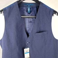 Perry Ellis Men's Waistcoat | Dressy Essential | Dark Sapphire Casual Business Vest Outerwear, Blue Business Vest With Pockets, Fitted Blue Vest Outerwear, Classic Blue Sleeveless Outerwear, Tailored Blue Vest For Fall, Business Vest, Burgundy Vest, Mens Waistcoat, Men's Waistcoat