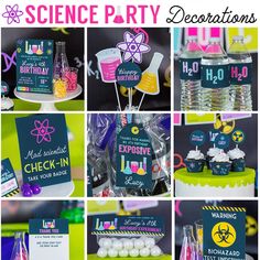 a collage of science party decorations