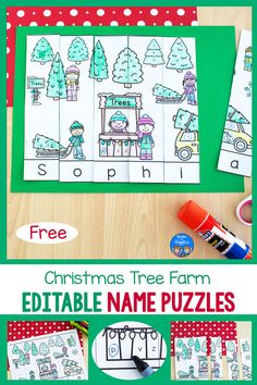 christmas tree farm name puzzle cut into strips shown with glue stick and scissors and a close up showing name letters hidden in the puzzle Christmas In Preschool, Christmas Name Activities, Christmas Language Activities Preschool, Christmas Name Crafts Preschool, December Preschool Activities, School Holiday Crafts, Prek Christmas, December Preschool, Language Activities Preschool