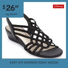 You'll love adding this pair of east 5th women's Reno wedge sandals to your warm-weather wardrobe. This open-toe style has a low 1.5-inch wedge heel with a slingback strap so you feel supported and comfortable, and also features a strappy design on the front for a stylish touch. Wear yours with an a-line dress.Closure Type: ElasticShoe Heel Height: 1 1/2 InchesUpper/Outer Base Material: 88% Elastic, 12% SyntheticSole Material Content: 52% Polyester, 48% Thermoplastic-RubberToe Type: Open Toe, R… Adjustable Synthetic Slip-on Wedge Sandals, Medium Width 4-inch Wedge Heel Sandals, Trendy Black Wedge Sandals With 4-inch Heel, Medium Width Open Toe Wedge Sandals With 4-inch Heel, Black Sandals With 4-inch Wedge Heel, Black Wedge Sandals, Wedge Heels, Wedge Sandals, Warm Weather