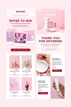 a pink and red website design for a beauty store with lots of products on it