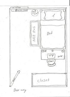 a drawing of a bathroom with the door open