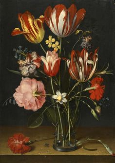 a painting of flowers in a vase on a table