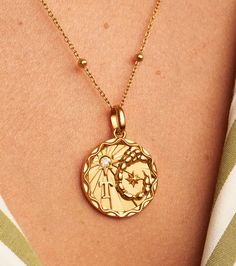 Custom Zodiac Coin Necklace (Gold) Evil Eye Tennis Bracelet, Coin Necklace Gold, Engraved Earrings, Clover Jewelry, Gold Coin Necklace, Layered Necklaces Silver, Astrological Sign, Clover Earrings, Rings Jewelry Fashion