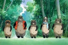 five bears are standing in the middle of a forest, one is wearing a backpack