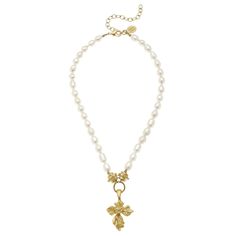 Gold Cross on Genuine Freshwater Pearl Necklace 16 inches with a 3 inch Extender Chain Handcast 24Kt Gold Plated Handmade in San Antonio, TX Vintage Cross Necklace, Susan Shaw, Pearl Rope, Dainty Chain Necklace, Fan Necklace, Pearl Necklace Vintage, Pearl Chain Necklace, Gold Link Bracelet, Baroque Pearl Earrings