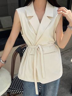 Women's Lapel Sleeveless Self-Tie Waist Elegant Chic Blazer Apricot   Sleeveless Polyester   Non-Stretch  Women Clothing, size features are:Bust: ,Length: ,Sleeve Length: Elegante Y Chic, Bohemian Style Clothing, Chic Blazer, Business Chic, Linen Suit, Elegant Dresses Long, Elegant Chic, Casual Tank Tops, Sleeves (women)