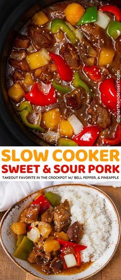 slow cooker sweet and sour pork with rice in the crock pot is ready to be eaten