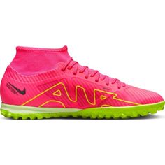 the nike superfly pro football cleats are bright pink and green with neon yellow accents