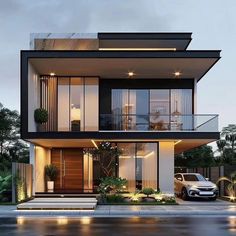 a car is parked in front of a modern house at night with lights on the balconies