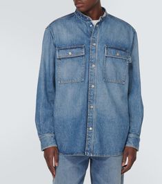 Find BOTTEGA VENETA Denim Shirt on Editorialist. Material: 100% cotton. Care instructions: machine wash at 30 degrees. Made in Italy. Designer color name: Mid Blue. Closure: snap-buttoned front. Pockets: flap chest pockets, snap-buttoned pockets. Cuff: two buttons. Collar: band. Resort Shirt, New Bottega, Denim Shirt Men, Brown Shirt, Bowling Shirts, Armani Men, Formal Shirts, Denim Shirt, Denim Wash