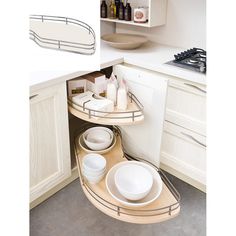 an image of a kitchen setting with plates and cups on the shelf in the corner