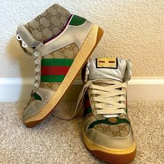 Gucci Gg Screener High Top Sneakers Style # - 563730 Size - 7 1/2 Color - Tan ‘Off-White’ (Distressed Look) Shoes Are Nwt. Any Questions Or If You Would Like More Pictures Please Let Me Know, Thanks! Shoes Gucci, Gucci Shoes, 2 Colours, High Top, Sneakers Fashion, Top Sneakers, High Top Sneakers, Men's Shoes, Let Me