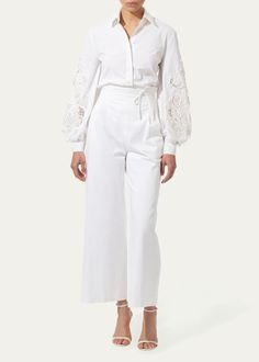 Carolina Herrera Embroidered Puff-Sleeve Button-Front Blouse - Bergdorf Goodman Formal Long Sleeve Blouse With Embroidered Cuffs, Chic Long Sleeve Blouse With Embroidered Cuffs, Elegant Blouse With Embroidered Cuffs, Workwear Blouse With Embroidered Cuffs, Embroidered Cuffs Blouse For Workwear, Elegant Embroidered Lantern Sleeve Blouse, Spring Workwear Blouse With Embroidered Sleeves, Summer Workwear Blouse With Embroidered Cuffs, Elegant Blouse With Embroidered Bishop Sleeves