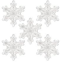 four snowflakes are shown in white on a white background, each with different shapes and sizes