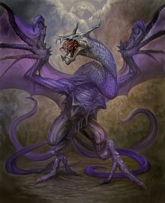 a painting of a purple dragon with its mouth open