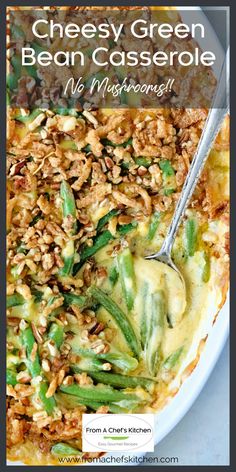 Cheesy Green Bean Casserole in white oval  baking dish with serving spoon and some scooped out. Fresh Green Bean Casserole, Cheesy Green Beans, Cheesy Green Bean Casserole, Green Bean Casserole Recipe, Green Bean Casserole Easy, Greenbean Casserole Recipe, Vegetable Side Dishes Recipes, Mozzarella Chicken, Frozen Green Beans