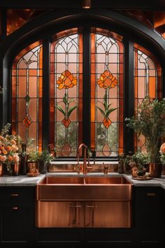 Enter a regal kitchen where copper takes center stage. The resplendent copper sink and fixtures glisten against dark cabinetry, evoking a sense of luxury. Majestic stained glass windows framed in copper arches, adorned with floral patterns, cast a dappled glow across the space. Lush flowers in copper pots bring a touch of nature's splendor. This kitchen is a harmonious blend of opulence, elegance, and craftsmanship, celebrating the exquisite beauty of copper in interior design. Copper Wall Art, Copper Wall, Wall Decorations, House Goals, Dream Rooms, Dream House Decor