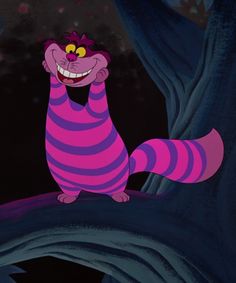 an animated pink and purple striped cat sitting on a tree branch with its mouth open