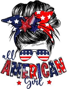 an american girl with sunglasses and stars on her head, in the colors of the american flag