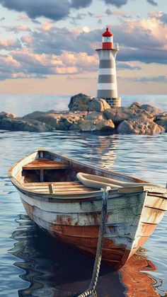 a boat in the water with a lighthouse in the background