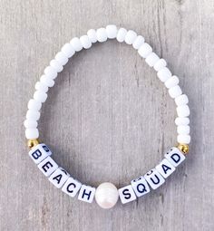 Beach 🐚 Squad Bracelet  Sand. Salt. Sea. 18k gold filled beads, 4mm white seed beads and pearl If you would like another word or color, please put in Personalization Section* and we will message you if we have any questions.  CARING TIPS FOR YOUR JEWELRY ⭐️Treat and store with care. ⭐️ For longevity, avoid exposing your jewelry to water. ⭐️ Avoid having direct contact with lotions, perfumes, sanitizers as these chemicals may cause discoloration of your jewelry. White Beaded Pearl Bracelet For Beach, White Stretch Bracelet With Tiny Beads For Beach, White Hand-strung Pearl Bracelet For Beach, Hand-strung White Pearl Bracelet For The Beach, White Beaded Bracelets With Spacer Beads For Beach, White Strand Bracelets With Tiny Beads, White Strand Bracelet With Tiny Beads, White Beach Friendship Bracelets With Spacer Beads, White Letter Beads Bracelets For Beach