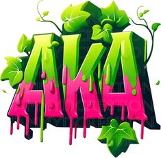 graffiti art with green leaves and pink letters