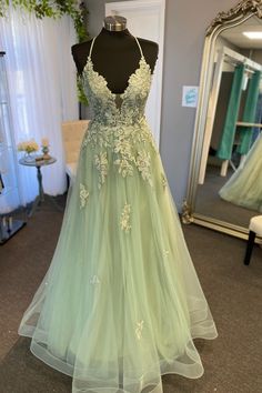 Straps Sage Green Appliques A-line Long Formal Dress Tiana Inspired Dress Prom, Sage Green Grad Dress, Tiana Inspired Prom Dress, Green Grad Dress, Sage Green Prom, Light Green Prom Dress, Sage Green Prom Dress, Debs Dresses, Hoco Ideas