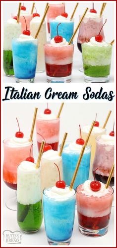 italian ice cream sodas with cherries and strawberries on the top in different colors