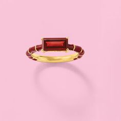 Ross-Simons - 1.70ct t. w. Garnet, Red Enamel Ring in 18kt Gold Over Sterling. Size 7. Pop this ring on when your look needs a fiery touch. A horizontally set 1.70 carat garnet baguette glimmers at the center of the 18kt yellow gold over sterling silver band, which gleams with sections of glossy red enamel. Polished finish. 3/16" wide. Red enamel and garnet ring. Garnet birthstones are the perfect gift for January birthdays. Elegant Red Enamel Ring, Red Enamel Elegant Rings, Garnet Drop Earrings, Cultured Pearl Ring, Garnet Birthstone, Garnet Heart, January Birthday, Spinel Ring, Garnet Red