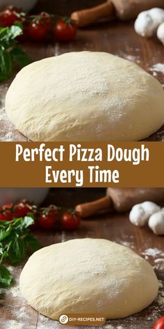 two pizza doughs sitting on top of a wooden table next to tomatoes and garlic