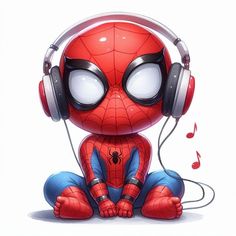 a cartoon spiderman with headphones sitting on the ground wearing headphones and listening to music