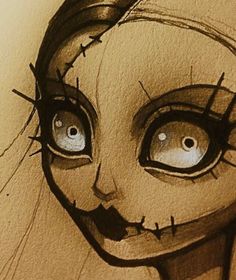 a drawing of a creepy girl with big eyes