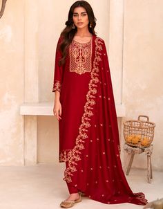 Embrace sophistication with our Designer Party Wear Silk Blend Salwar Suit Collection in Crimson Red Butti! ❤️ This ensemble showcases a straight-cut pant made from butti silk, exuding elegance and style. Make a striking statement with this designer attire. 💃 #ArabicAttire #PartyWear #SilkBlend Red Dupatta, Silk Pant, Straight Cut Pants, Salwar Dress, Dress Salwar Kameez, Glamorous Party, Silk Bottoms, Lehenga Collection, Party Wear Indian Dresses