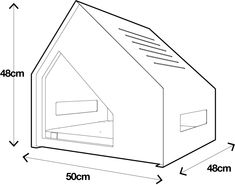 a drawing of a dog house with its door open and the measurements shown below it