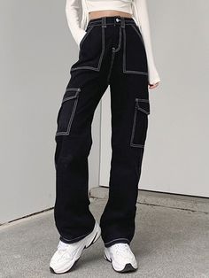 Pocket Stitched High Waist Cargo Jeans Cargo Jeans Black, High Waisted Baggy Jeans, Y2k Trousers, Jeans Online Store, Mode Zara, Baggy Cargo Pants, Cargo Pants Outfit, Bodycon Floral Dress, Black Cargo Pants