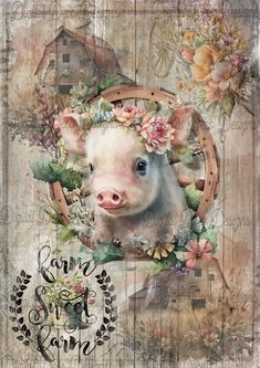 a pig with flowers on it's head is surrounded by an old wooden background