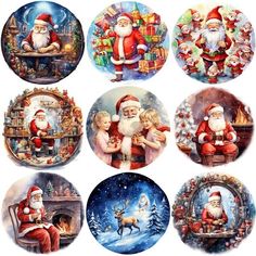 six different pictures of santa claus and other christmas items in the same circle, each with an ornament on it