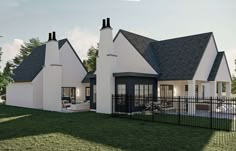 this is a computer rendering of a house with two chimneys and a fence around it