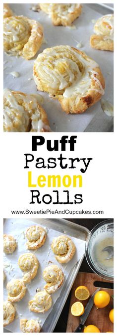 puff pastry lemon rolls on a baking sheet with oranges in the background and text overlay that reads puff pastry lemon rolls