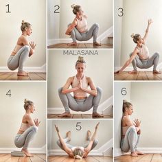 a woman doing yoga poses for the camera and sitting on her knees in different positions