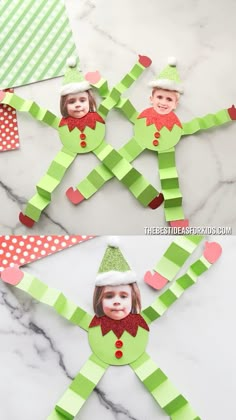 paper cut out of two children's faces with christmas hats on them