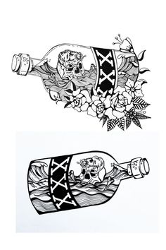 two drawings of a bottle with flowers on it