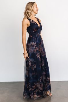 Kamila Tulle Maxi Dress | Dark Blue Floral - Baltic Born Bridesmaids Styles, Sleeveless Wedding Gown, Maxi Dress Dark, Dark Floral Dress, Navy Blue Floral Dress, Floral Bridesmaid Dresses, Dress Dark Blue, Tulle Maxi Dress, Baltic Born