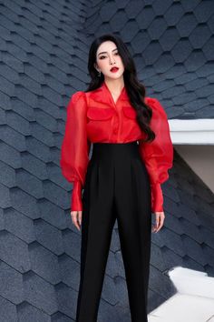 Red Lantern Sleeve Tops For Spring, Red Long Sleeve Top For Office, Chic Red Lantern Sleeve Tops, Red Long Sleeve Office Top, Red Lantern Sleeve Top For Fall, Red Puff Sleeve Blouse For Spring, Red Summer Blouse With Pockets, Red Blouse With Pockets For Summer, Red Lantern Sleeve Blouse For Fall