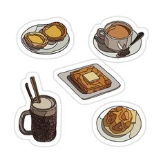 stickers with different types of food and drinks on them, all in various shapes