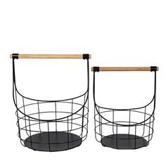 two black wire baskets with wooden handles