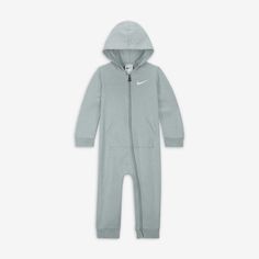 Put the smallest athletes in cozy comfort with this coverall, made of soft French Terry that feels gentle on baby's sensitive skin. The hood provides optional extra warmth and the full-zip closure makes changing, dressing and layering easy. Nike Cotton Onesie For Loungewear, Casual Long Sleeve Soft Onesie, Cozy Hooded Cotton Onesie, Casual Hooded Onesie For Playtime, Cozy Hooded White Onesie, Cozy White Hooded Onesie, Casual Nike Onesie For Playtime, Nike Casual Onesie For Playtime, Nike Casual Long Sleeve Onesie