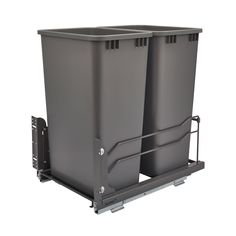 two gray trash cans sitting next to each other on top of a metal rack with wheels