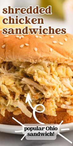 The best Ohio Shredded Chicken Sandwiches! Popular in the midwest, these creamy chicken & stuffing sandwiches are made in the slow cooker. Sloppy Chicken Sandwiches Crock Pot, Shredded Chicken Recipes For Sandwiches, Hot Shredded Chicken Sandwiches Crockpot, Homemade Shredded Chicken Sandwiches, Ohio Shredded Chicken Sandwiches 12 Tomatoes, Crock Pot Shredded Chicken Sandwiches, Chicken Stuffing Sandwiches, Ohio Chicken Sandwich Recipes, Creamy Chicken Sandwiches Crockpot